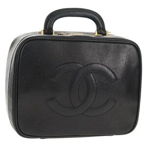 CHANEL COCO Mark Vanity Hand Bag Grained Calf Skin Black Gold CC Auth 146602A